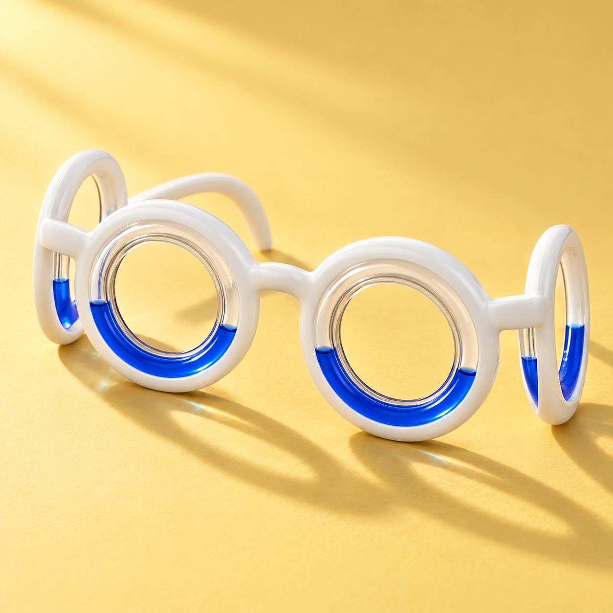 White Ollaway glasses with four open rings containing blue liquid